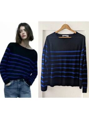 NEW Zara | Lightweight Knit Sweater in Black/Blue Stripe